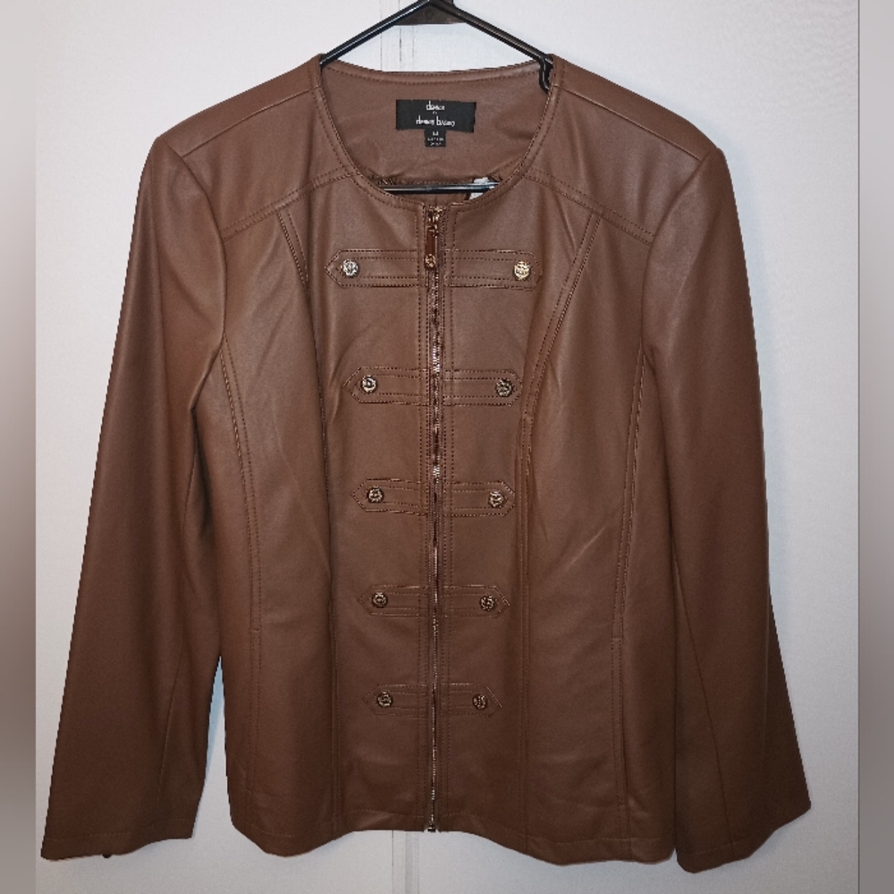 Dennis Basso Women's Medium Brown Faux Leather Jacket Full Zip Inside Pocket